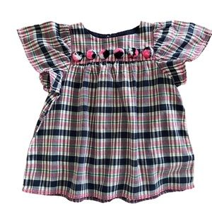 CREWCUTS Little Girl’s Plaid Pom Pom Flutter Sleeve Top. Size: 4